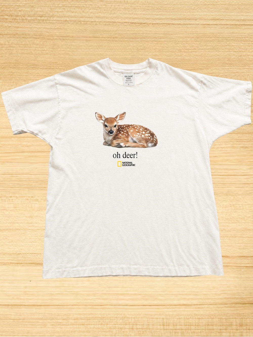 White Tee with Fawn Graphic and "oh deer!" Slogan